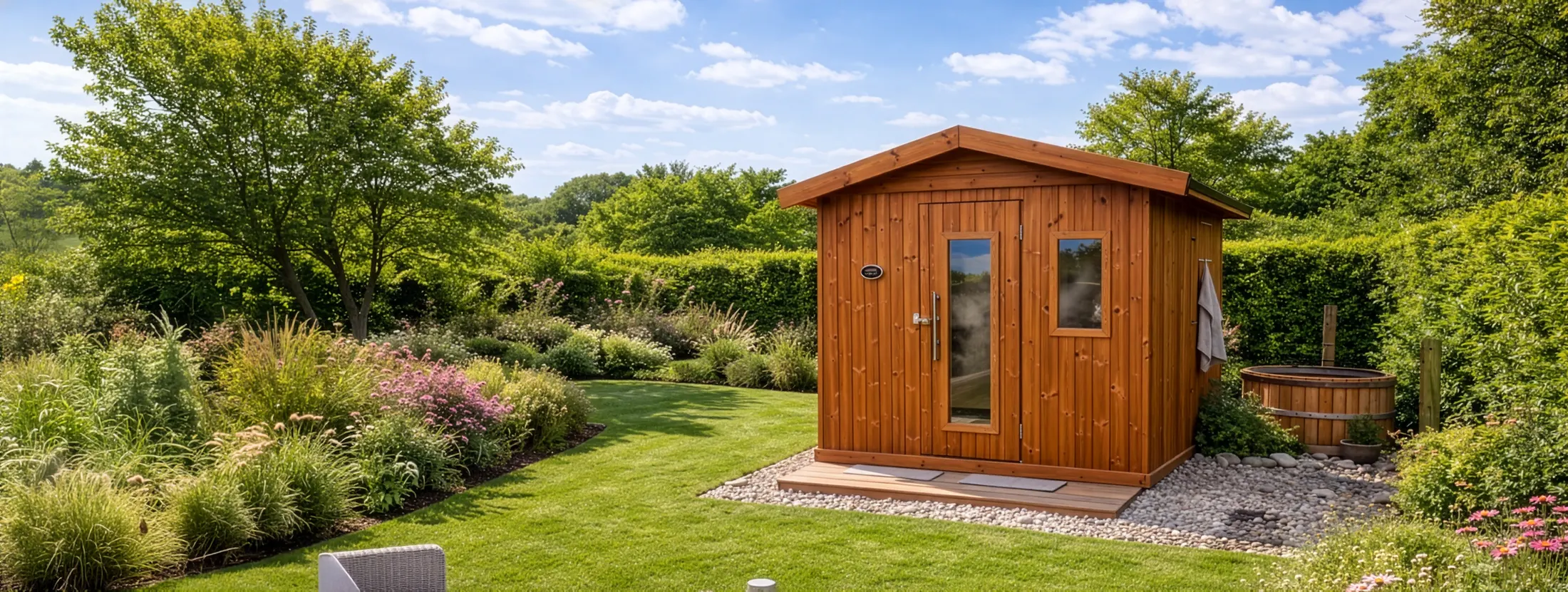 Bespoke outdoor sauna in a landscaped garden, installed by Sutton Saunas